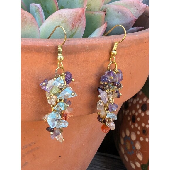 Vintage Gemstone Nugget Earrings - Rose Quartz Stone Earrings - Picture 2 of 10